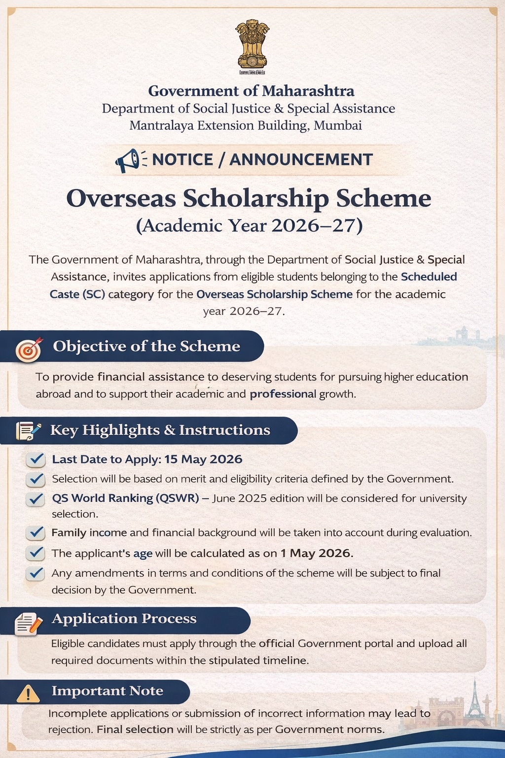 Overseas Scholarship Scheme (Academic Year 2026–27)